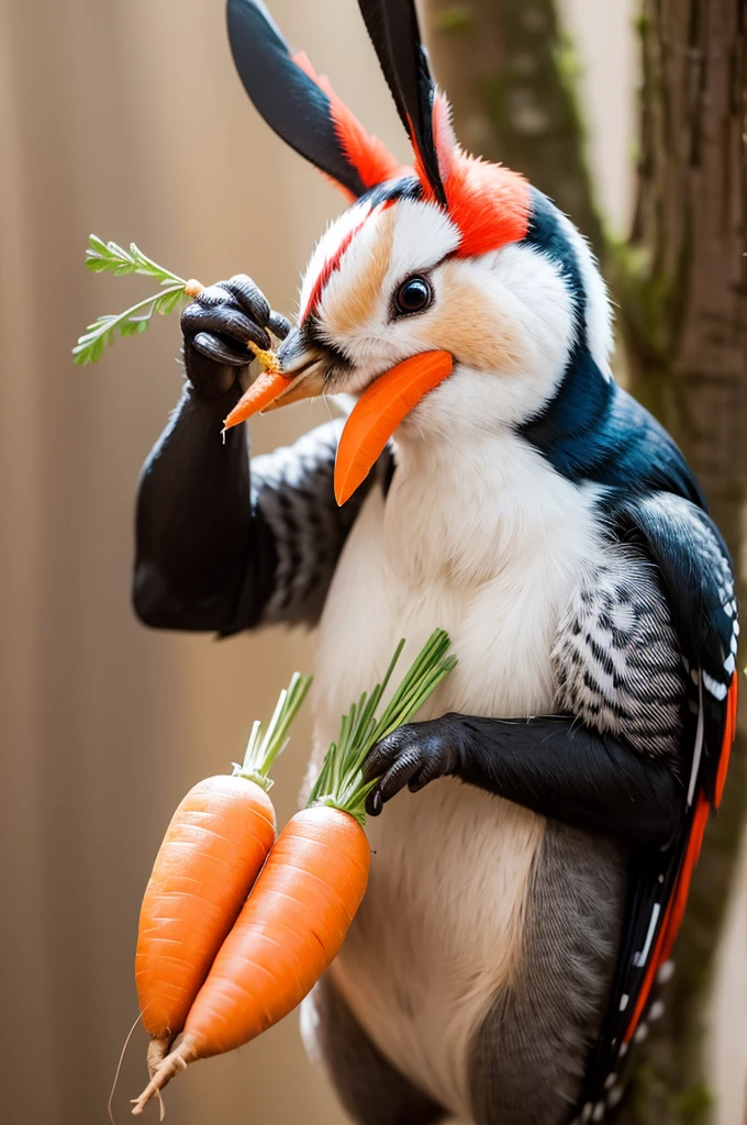 The woodpecker eating a carrot with a rabbit ear headband on his head