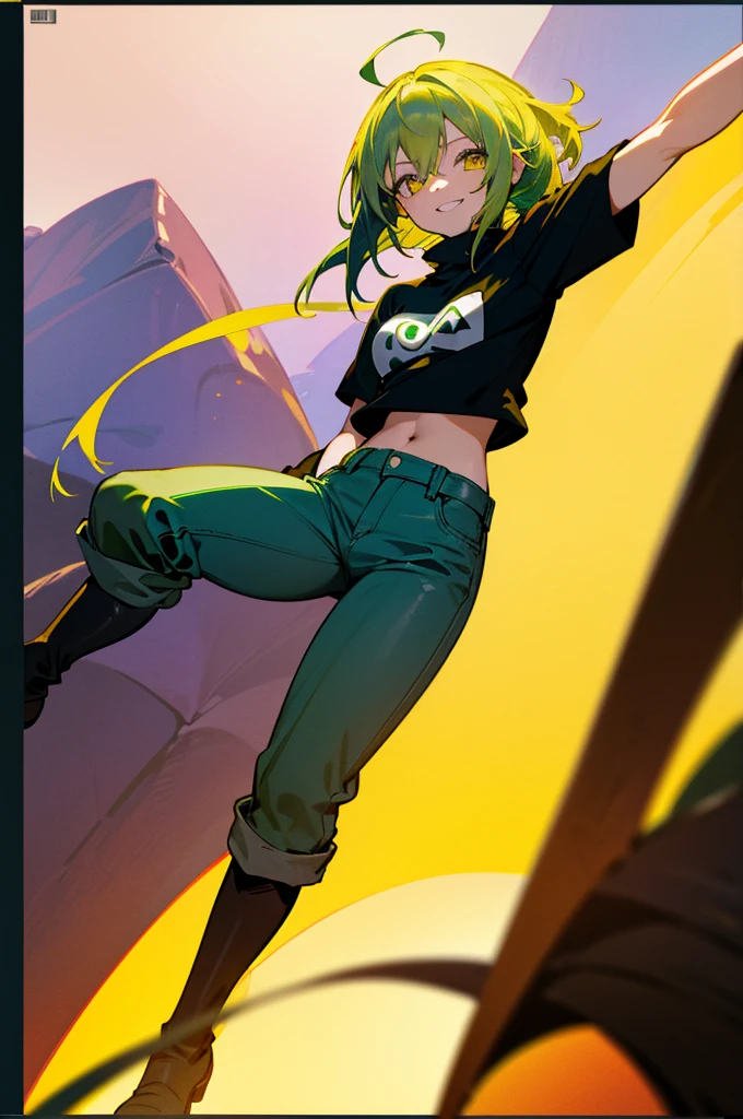 (8K Ultra High-Quality) (Masterpieces) (image) (figure: rimuru) 1 Girl, Yellow eyes colors, (((green hair))), wearing t-shirt, wearing Jean,  wearing boots, background in farm, smile looking at viewer,