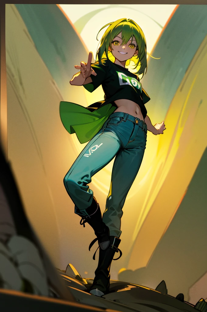 (8K Ultra High-Quality) (Masterpieces) (image) (figure: rimuru) 1 Girl, Yellow eyes colors, (((green hair))), wearing t-shirt, wearing Jean, wearing boots, background in farm, smile looking at viewer,