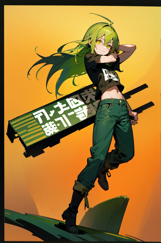 (8K Ultra High-Quality) (Masterpieces) (image) (figure: rimuru) 1 Girl, Yellow eyes colors, (((green hair))), wearing t-shirt, wearing Jean,  wearing boots, background in farm, smile looking at viewer,