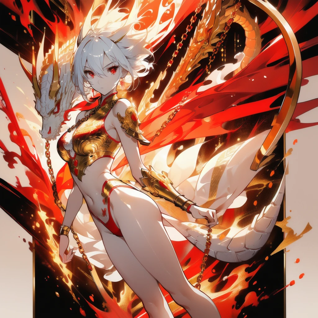 ((masterpiece, best quality)), Delicate face,Dragon Rider,Golden Chinese Dragon,Standing picture,whole body,Perfect body proportions,Long legs,Handsome short hair,Nice red eyes,Fantasy style,White background,Extremely beautiful,transparent,Pure white armor,Sexy bikini,Flame Surround,chain,Tattoo,Lace,exposed