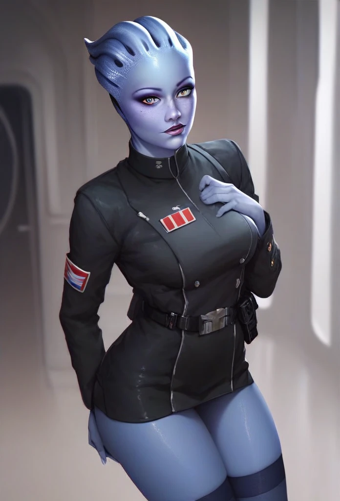 1girl, asari woman, pale blue skin, Imperial officer wearing a black uniform, looking at viewer, high resolution, masterpiece