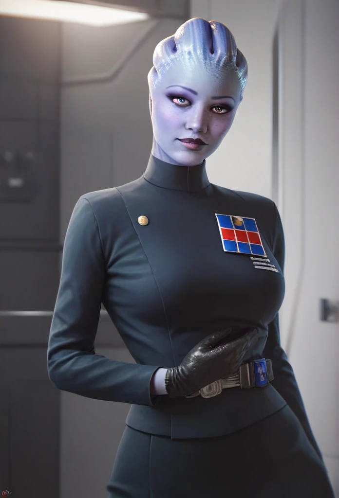 1girl, asari woman, pale blue skin, Imperial officer wearing a black uniform, looking at viewer, high resolution, masterpiece