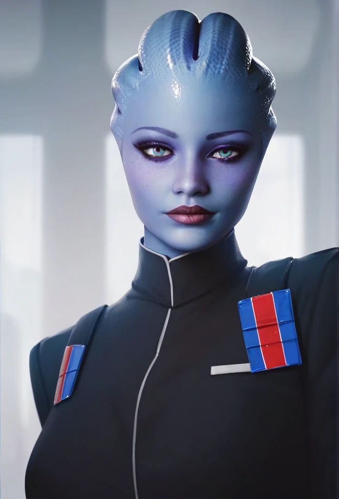 1girl, asari woman, pale blue skin, Imperial officer wearing a black uniform, looking at viewer, high resolution, masterpiece