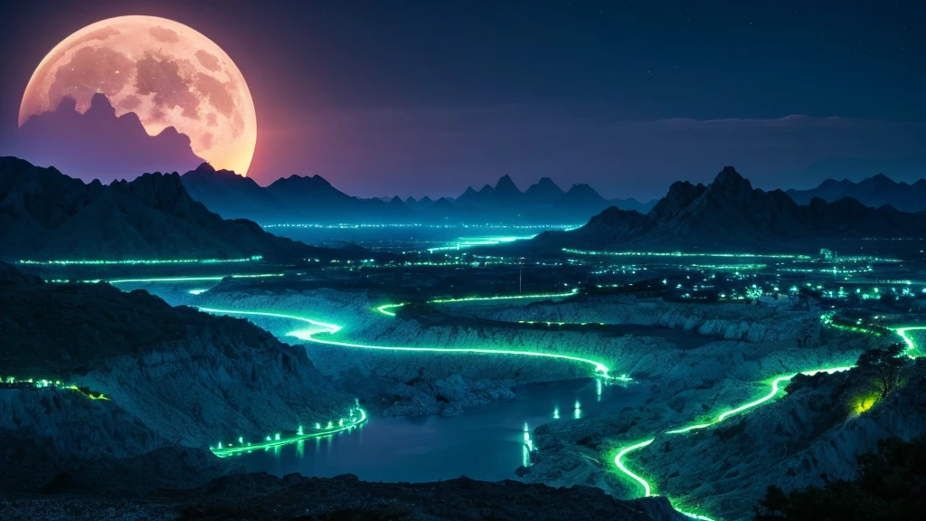 Generate a breathtaking and unique landscape photo using SDXL. The scene should depict a surreal and otherworldly environment where towering, jagged mountains are covered in bioluminescent vegetation that glows in shades of blue and green. A crystalline river winds its way through the valley, its water shimmering with iridescent hues under the light of a large, luminescent moon hanging low in the sky. The sky is filled with vibrant, swirling colors of a twilight that blends purples, pinks,
