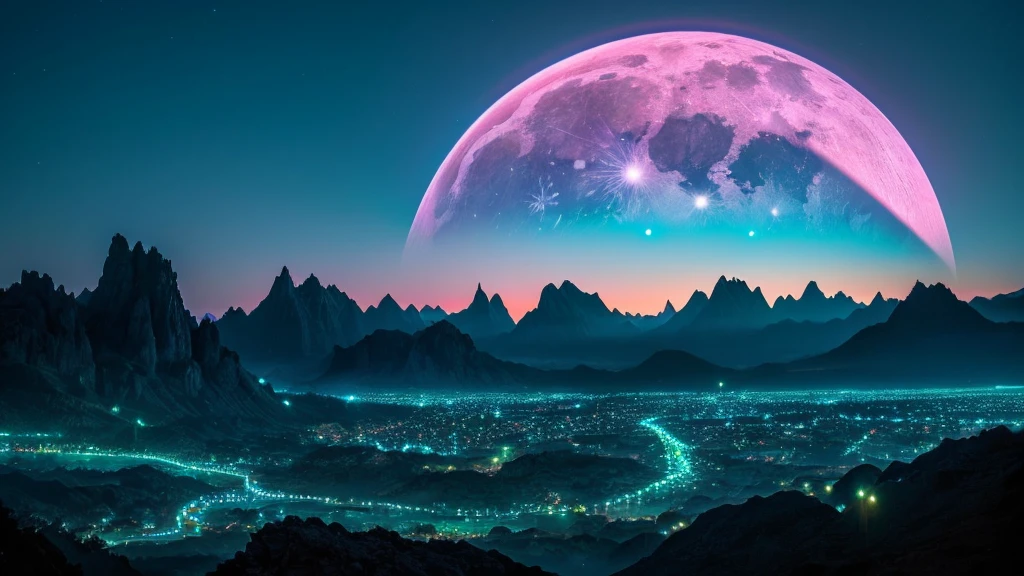 Generate a breathtaking and unique landscape photo using SDXL. The scene should depict a surreal and otherworldly environment where towering, jagged mountains are covered in bioluminescent vegetation that glows in shades of blue and green. A crystalline river winds its way through the valley, its water shimmering with iridescent hues under the light of a large, luminescent moon hanging low in the sky. The sky is filled with vibrant, swirling colors of a twilight that blends purples, pinks,