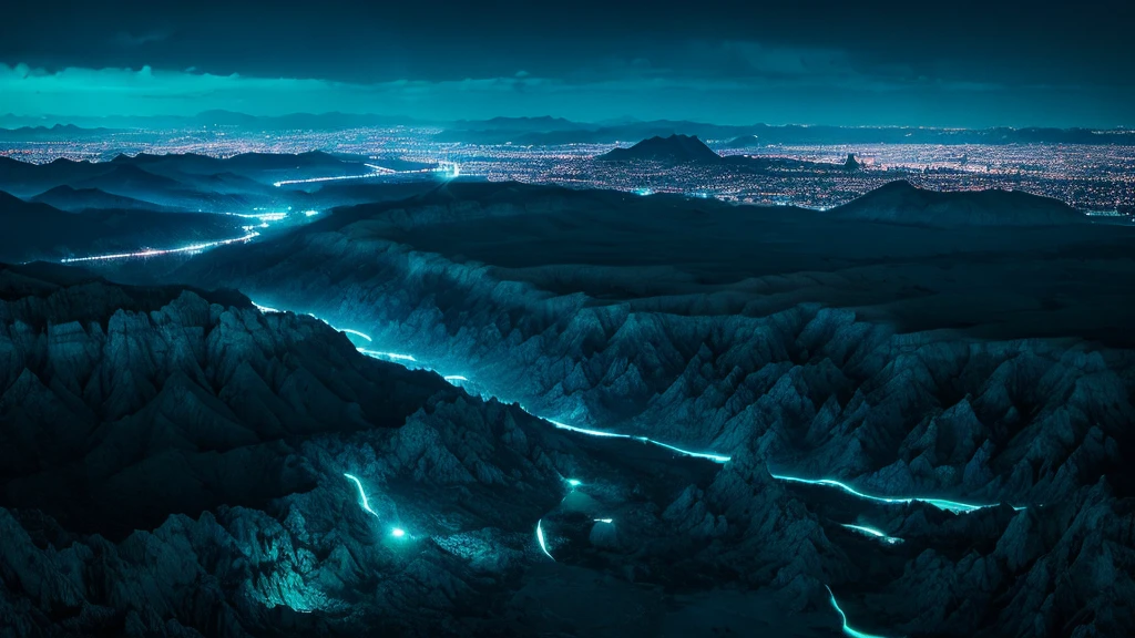 Generate a breathtaking and unique landscape photo using SDXL. The scene should depict a surreal and otherworldly environment where towering, jagged mountains are covered in bioluminescent vegetation that glows in shades of blue and green. A crystalline river winds its way through the valley, its water shimmering with iridescent hues under the light of a large, luminescent moon hanging low in the sky. The sky is filled with vibrant, swirling colors of a twilight that blends purples, pinks,