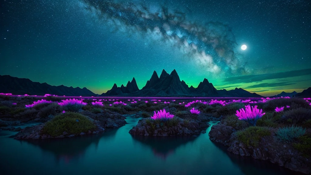 Generate a breathtaking and unique landscape photo using SDXL. The scene should depict a surreal and otherworldly environment where towering, jagged mountains are covered in bioluminescent vegetation that glows in shades of blue and green. A crystalline river winds its way through the valley, its water shimmering with iridescent hues under the light of a large, luminescent moon hanging low in the sky. The sky is filled with vibrant, swirling colors of a twilight that blends purples, pinks,