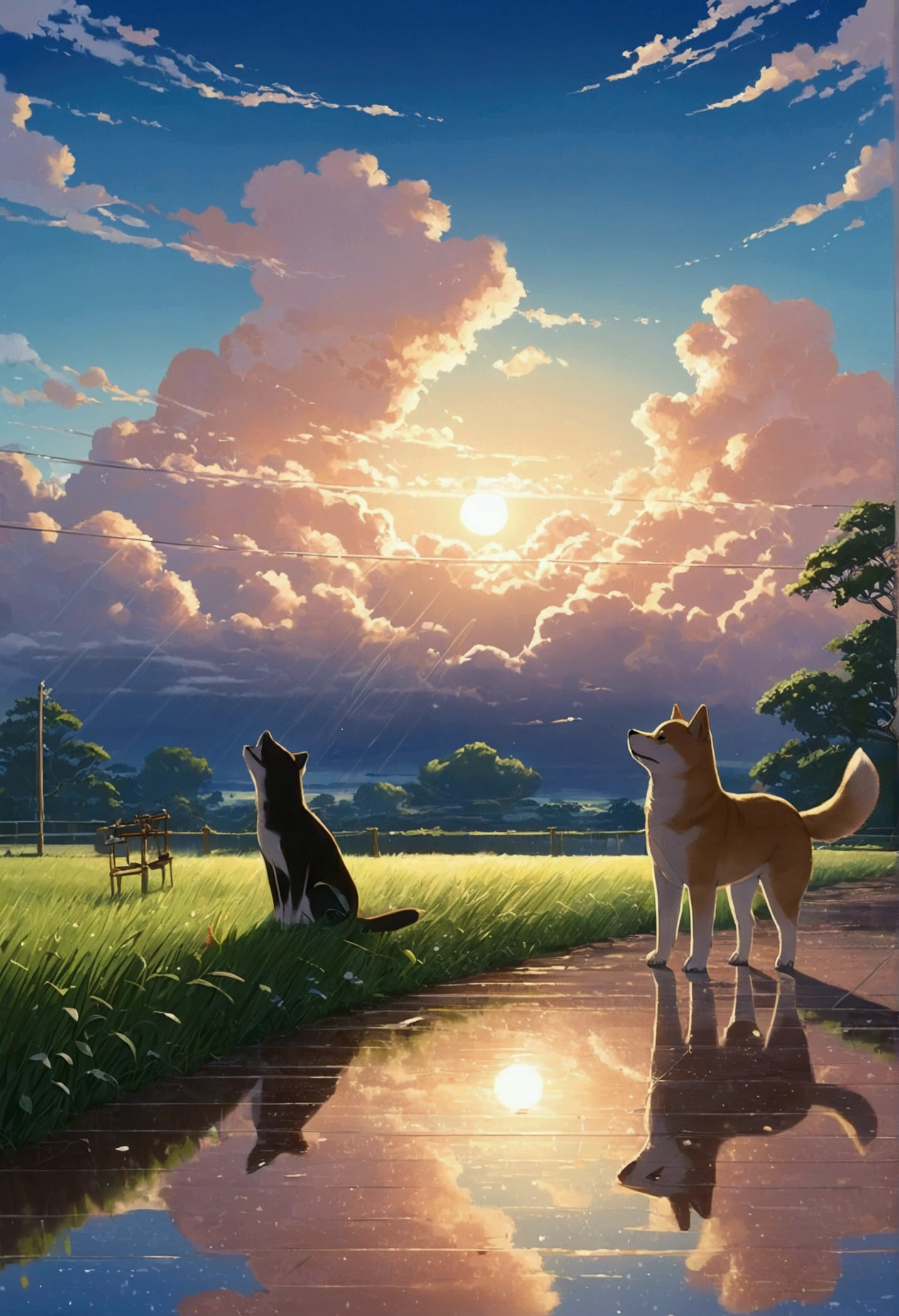 Makoto Shinkai Taste, Beautiful sky, Reflection of light, Shiba Inu,puppy, after the rain,Romantic Landscape,hope, black cat