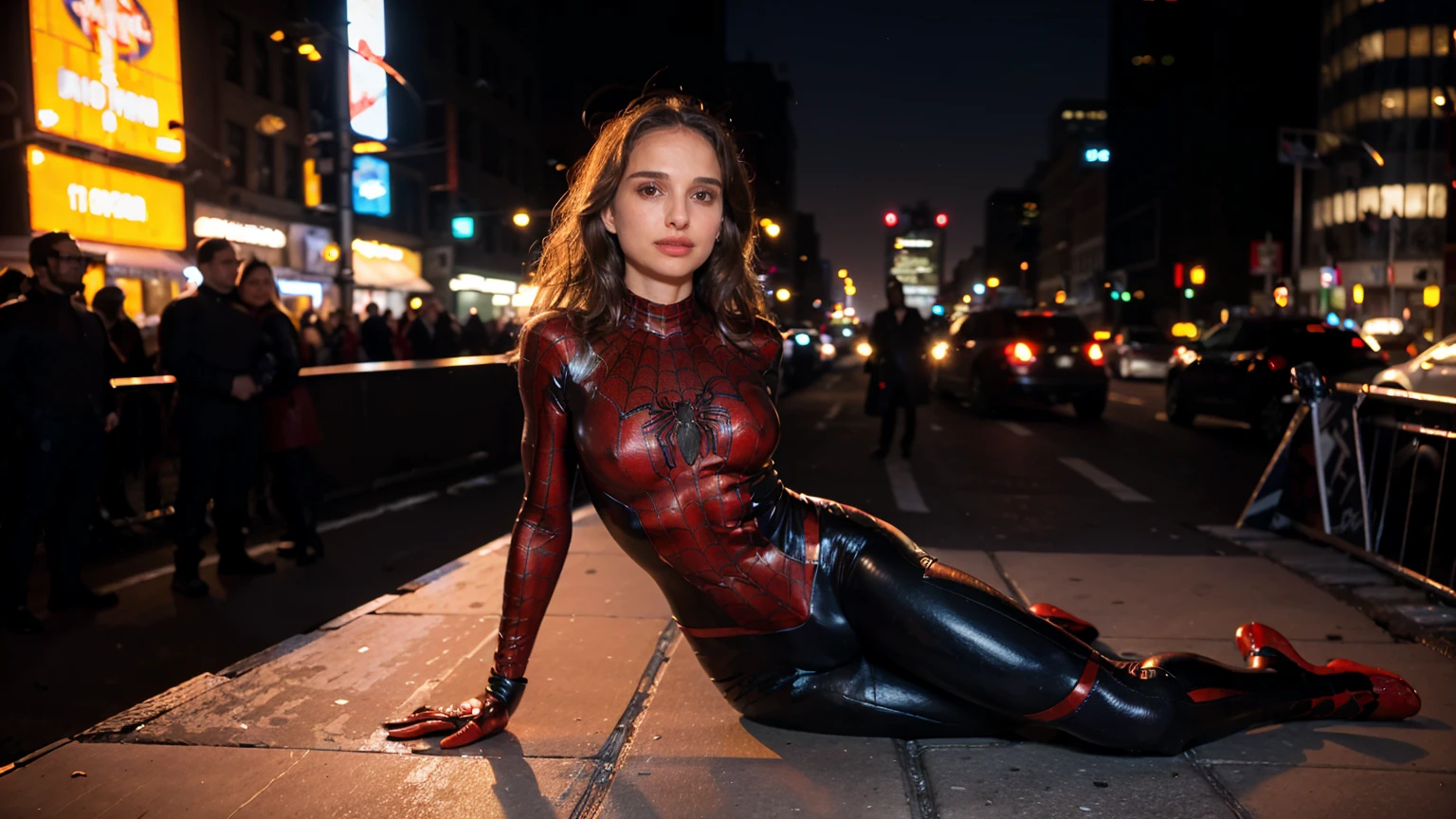 Masterpiece, Best quality,, (photorealistic1.4), (UHD), (n4t4l13p-v2), (epiCRealLife), (flashphoto),, (photorealistic1.4), (Natalie Portman in Spider Suit), (city rooftop), (night time), (spiderman latex suit), (red lipstick),  (flash photography), (widescreen photo), (outdoor), (on the street of New York)