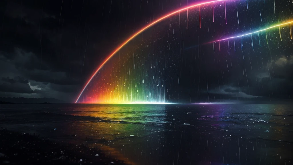 Visualize a rainstorm where each raindrop reflects a spectrum of colors, creating a prismatic effect against a dark sky.