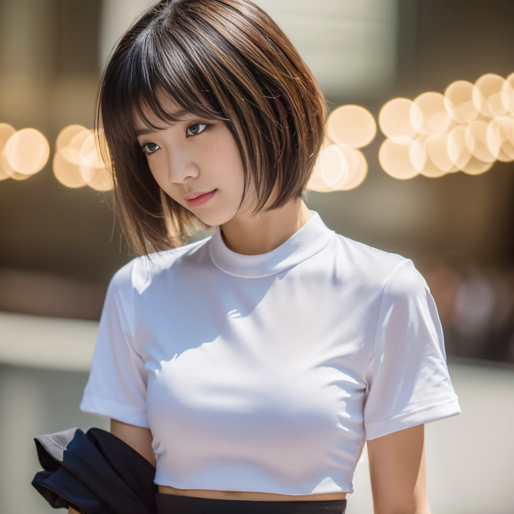 ((Highest quality、In 8K、masterpiece:1.3))、Sharp focus:1.2、Beautiful woman perfect body:1.4、Slim Abs:1.2、((Short Hair:1.2))、(trendy fashion in tokyo、T-Shirts:1.1)、Background white、Wet body:1.5、Three-dimensional texture、Detailed eyes、(Brown Hair、Black Hair:1.2)、Very shiny hair、Backward view、Hair quality improvement、Handsome short、Short-haired blonde、No text、Lower text eraser