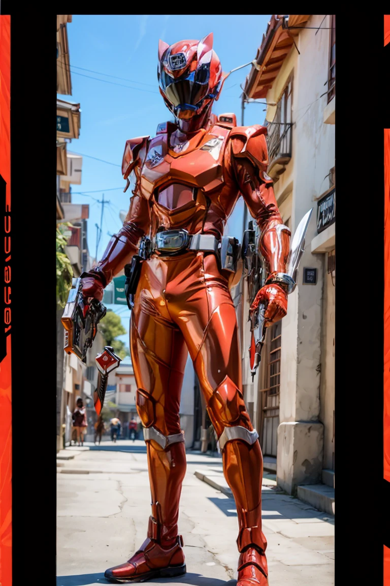 1boy, white, full body, Illustration, cinematic light, high resolution, best quality, ultra detailed, masterpiece, power suit, powerranger, suit, spd, (silver royal guard ranger suit), gold detail, holding white pistol,