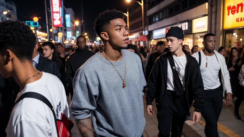 editorial photo of a man, shot on Fujifilm Superia 400, wearing yeezy apparel, natural lighting, next to crowded of people, close up shot, 32k, cinematic composition, professional color grading, film grain, atmosphere, wondrous