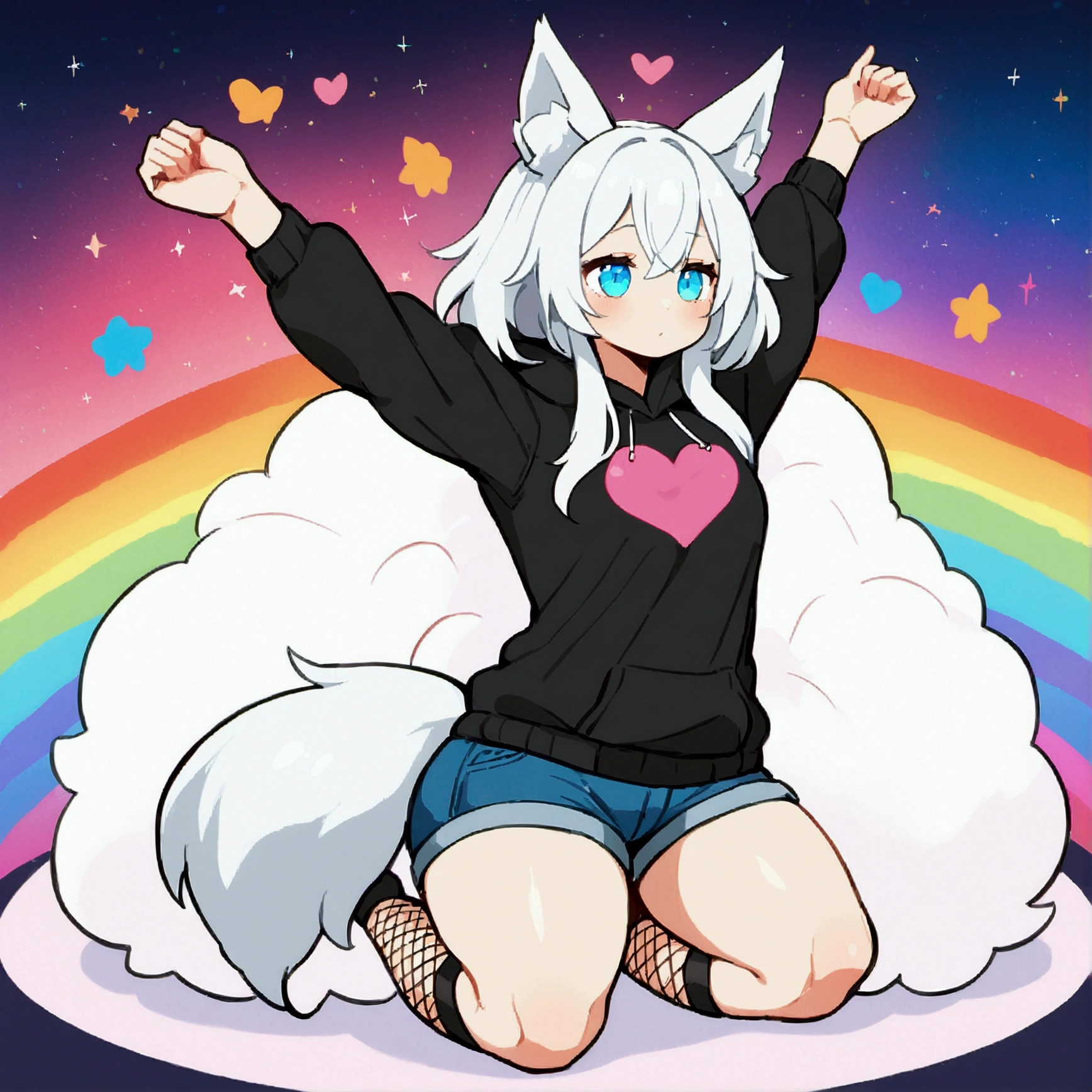 a cute adult male with wolf ears, long white hair, long locks, has a wolf tail, wearing a loose cropped black hoodie, wearing a pair of denim short shorts and fishnet stockings, thick thighs, wide hips, relaxing on mound of fluffy multi colored plushies, short, very slim, showing slender tummy, heart on hoodie, squishy thighs, has glowing blue eyes. alone, solo (ALONE)(SOLO), surrounded by rainbows, colorful galaxy backround, stretching, giggling