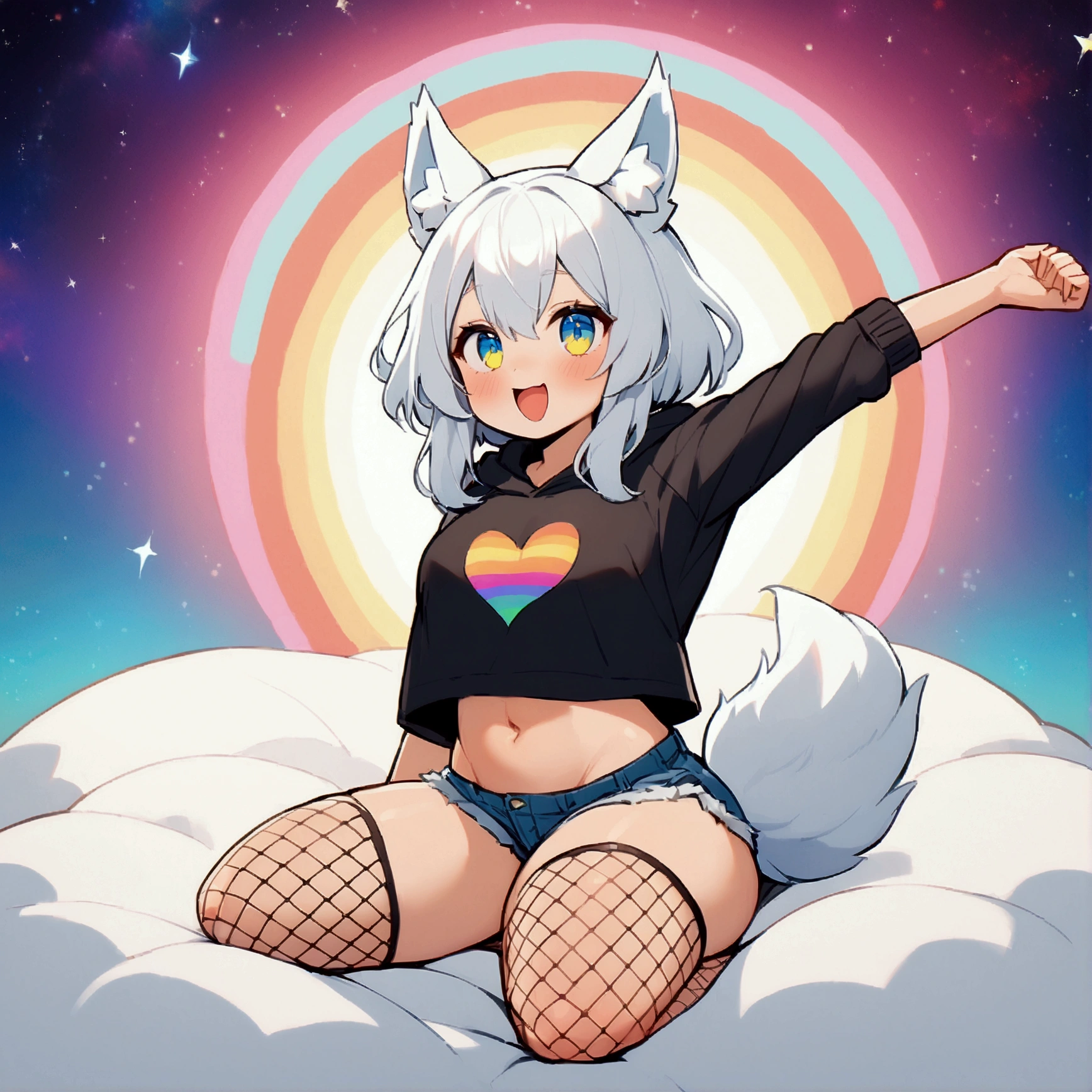 a cute adult male with wolf ears, long white hair, long locks, has a wolf tail, wearing a loose cropped black hoodie, wearing a pair of denim short shorts and fishnet stockings, thick thighs, wide hips, relaxing on mound of fluffy multi colored plushies, short, very slim, showing slender tummy, heart on hoodie, squishy thighs, has glowing blue eyes. alone, solo (ALONE)(SOLO), surrounded by rainbows, colorful galaxy backround, stretching, giggling