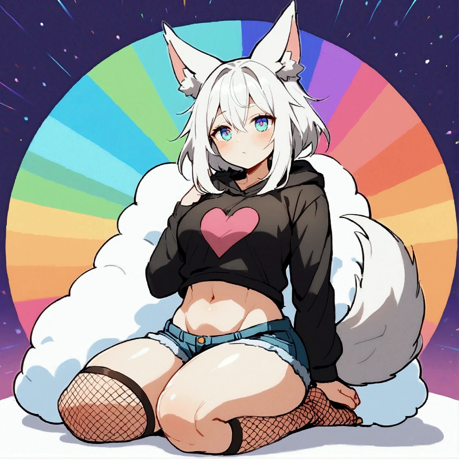 a cute adult male with wolf ears, long white hair, long locks, has a wolf tail, wearing a loose cropped black hoodie, wearing a pair of denim short shorts and fishnet stockings, thick thighs, wide hips, relaxing on mound of fluffy multi colored plushies, short, very slim, showing slender tummy, heart on hoodie, squishy thighs, has glowing blue eyes. alone, solo (ALONE)(SOLO), surrounded by rainbows, colorful galaxy backround, stretching, giggling
