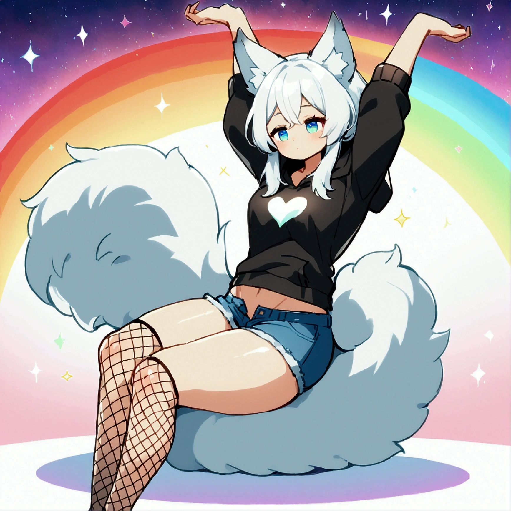 a cute adult male with wolf ears, long white hair, long locks, has a wolf tail, wearing a loose cropped black hoodie, wearing a pair of denim short shorts and fishnet stockings, thick thighs, wide hips, relaxing on mound of fluffy multi colored plushies, short, very slim, showing slender tummy, heart on hoodie, squishy thighs, has glowing blue eyes. alone, solo (ALONE)(SOLO), surrounded by rainbows, colorful galaxy backround, stretching, giggling