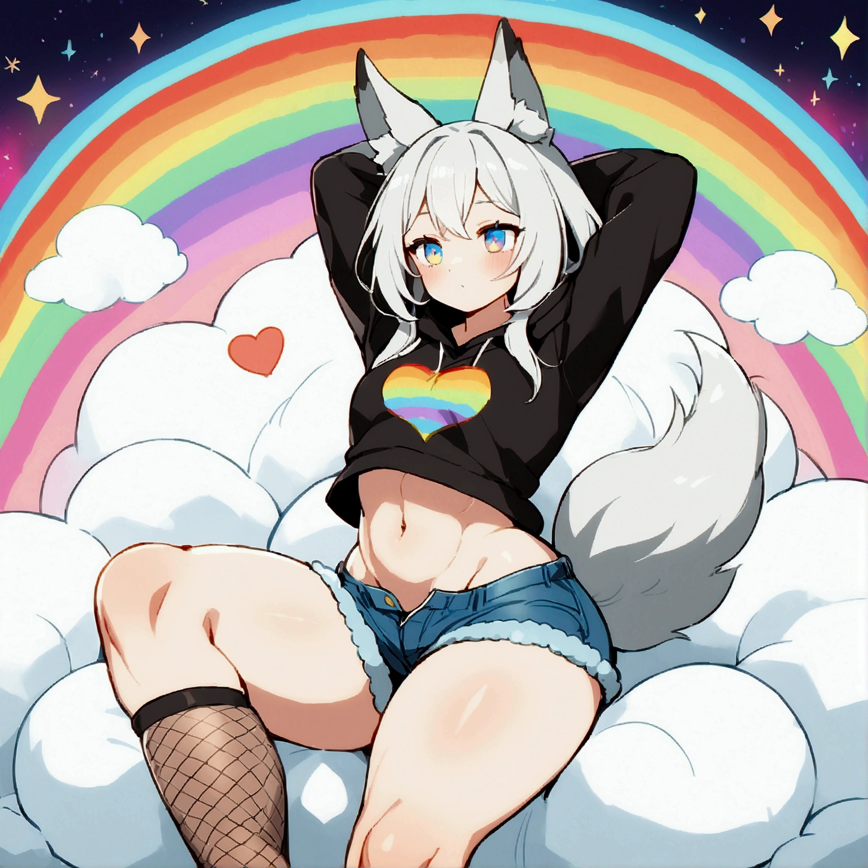 a cute adult male with wolf ears, long white hair, long locks, has a wolf tail, wearing a loose cropped black hoodie, wearing a pair of denim short shorts and fishnet stockings, thick thighs, wide hips, relaxing on mound of fluffy multi colored plushies, short, very slim, showing slender tummy, heart on hoodie, squishy thighs, has glowing blue eyes. alone, solo (ALONE)(SOLO), surrounded by rainbows, colorful galaxy backround, stretching, giggling