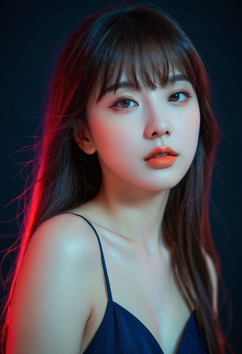 (upper body:1.5),8k, best quality, 1 Girl, (Skin Indentation), night, (dark), Indoor clear background, (people), Beautiful bangs, Gorgeous,, (Clothing and:1.3),Soft lighting, attractive, dark Room, (mouth close:1.2, beautiful eyes, Delicate eyes, Detailed iris, Beautiful lips, Beautiful nose, Pretty Face),(primary color:1.5)，(Ambient Light:1.5)，(Neon light:1.8),(Radioluminescence:1.8),(red and blue light:1.5)