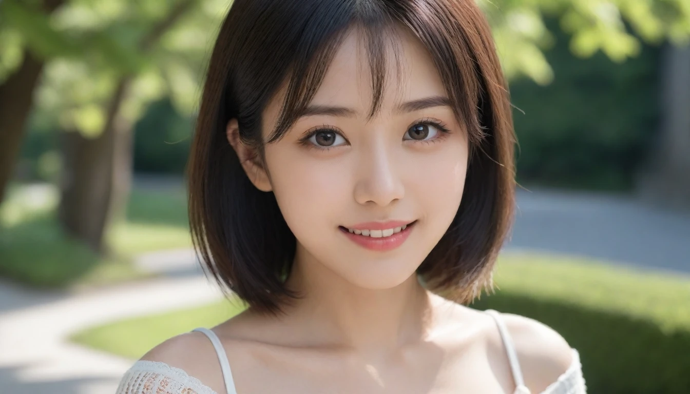 8k, Ultra-high resolution, Highest quality, masterpiece, 三分割法によるphotograph,Surreal, photograph, 1 Girl, (:1.3), pretty girl, Cute Face, Beautiful eyes in every detail, 細かくdetailedに,masterpiece,One Girl:1.2, Japan Female Announcer,extream close up,smile,Black Hair,Messy hair,street tree,Urban area,Young Wife,healthy,Summer knitwear,Décolletage,Natural Makeup,Beautiful clavicle,Realistic Skin, Perfect and beautiful face ,完璧でCute Face, Skin with attention to detail, Perfect limbs、Narrow waist、Thin legs),Looking at the audience、beauty,Long neck、(((Ideal body type))),A cup small breasts :2,Portraiture:2,Perfect Anatomy,鮮明なdetailed,detailed,Surreal,Light and shadow,dappled sunlight