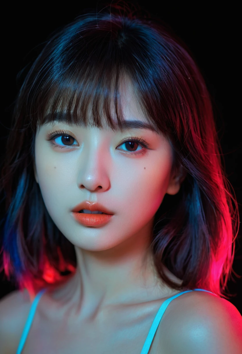 (upper body:1.5),8k, best quality, 1 Girl, (Skin Indentation), night, (dark), Indoor clear background, (people), Beautiful bangs, Gorgeous,, (Clothing and:1.3),Soft lighting, attractive, dark Room, (mouth close:1.2, beautiful eyes, Delicate eyes, Detailed iris, Beautiful lips, Beautiful nose, Pretty Face),(primary color:1.5)，(Ambient Light:1.5)，(Neon light:1.8),(Radioluminescence:1.8),(red and blue light:1.5)