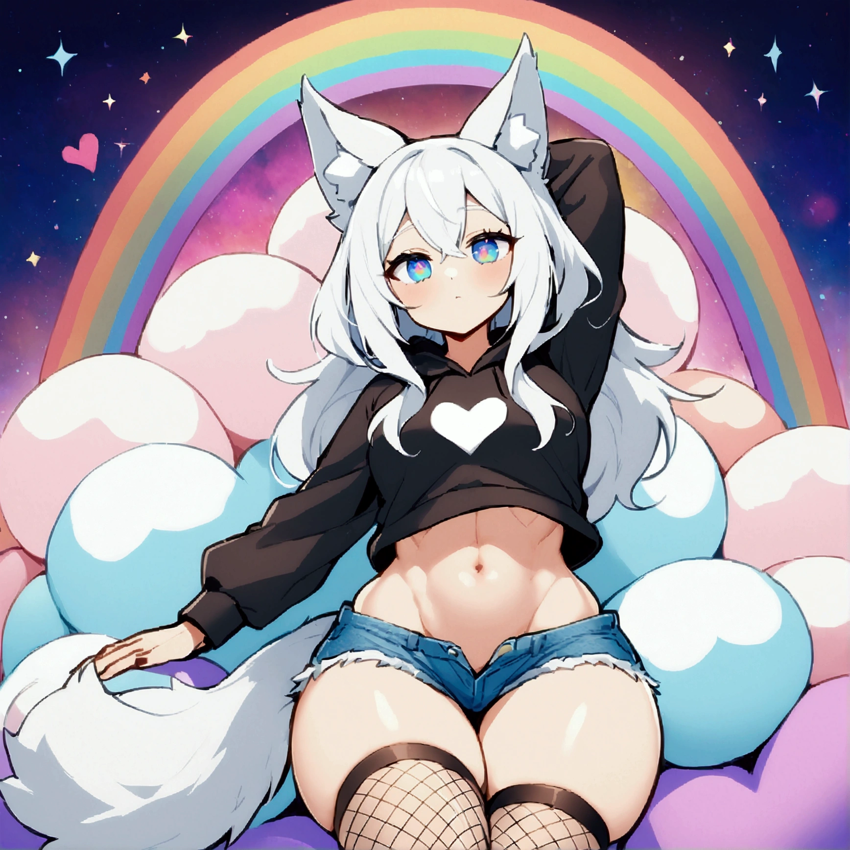 a cute adult male with wolf ears, long white hair, long locks, has a wolf tail, wearing a loose cropped black hoodie, wearing a pair of denim short shorts and fishnet stockings, thick thighs, wide hips, relaxing on mound of fluffy multi colored plushies, short, very slim, showing slender tummy, heart on hoodie, squishy thighs, has glowing blue eyes. alone, solo (ALONE)(SOLO), surrounded by rainbows, colorful galaxy backround, stretching, giggling