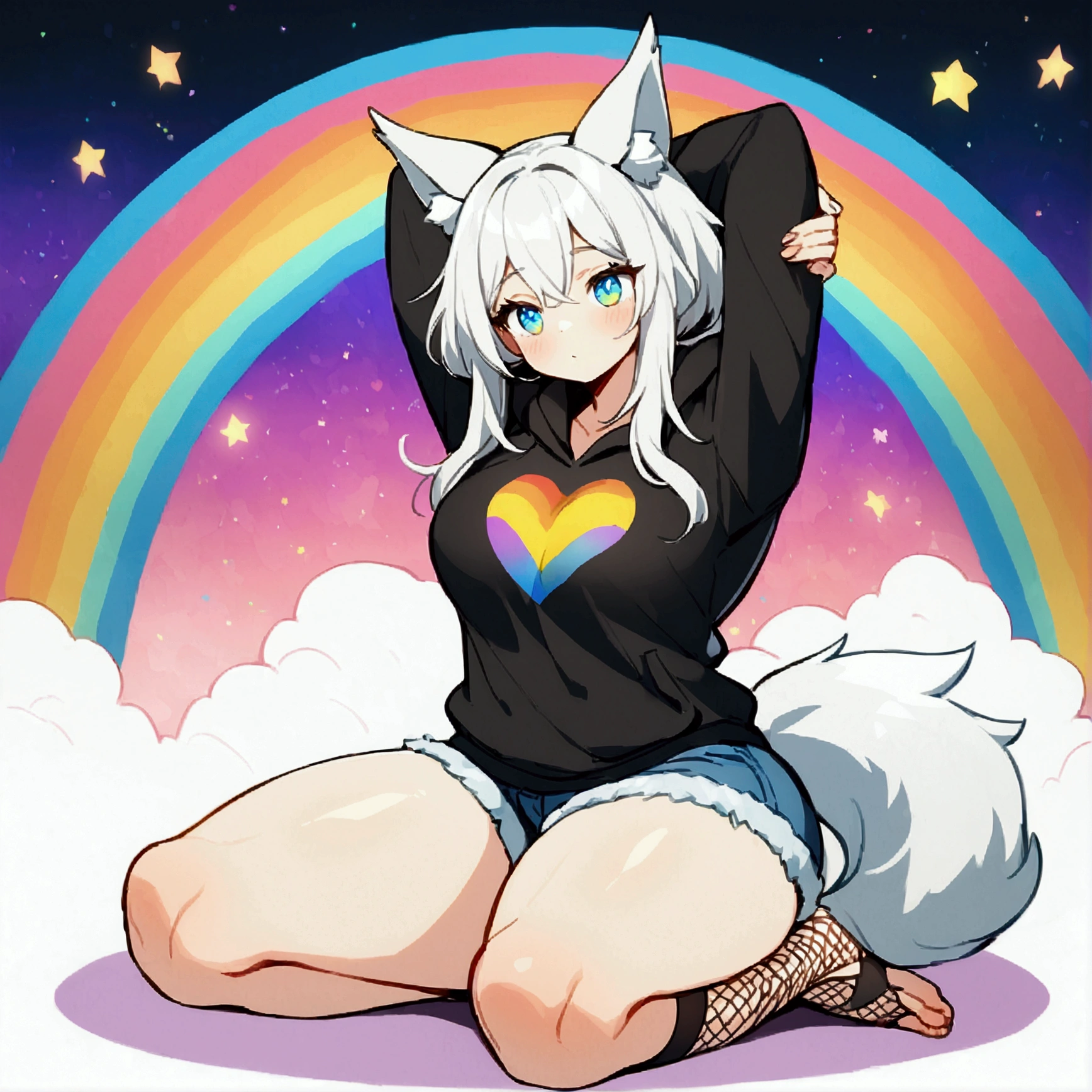 a cute adult male with wolf ears, long white hair, long locks, has a wolf tail, wearing a loose cropped black hoodie, wearing a pair of denim short shorts and fishnet stockings, thick thighs, wide hips, relaxing on mound of fluffy multi colored plushies, short, very slim, showing slender tummy, heart on hoodie, squishy thighs, has glowing blue eyes. alone, solo (ALONE)(SOLO), surrounded by rainbows, colorful galaxy backround, stretching, giggling