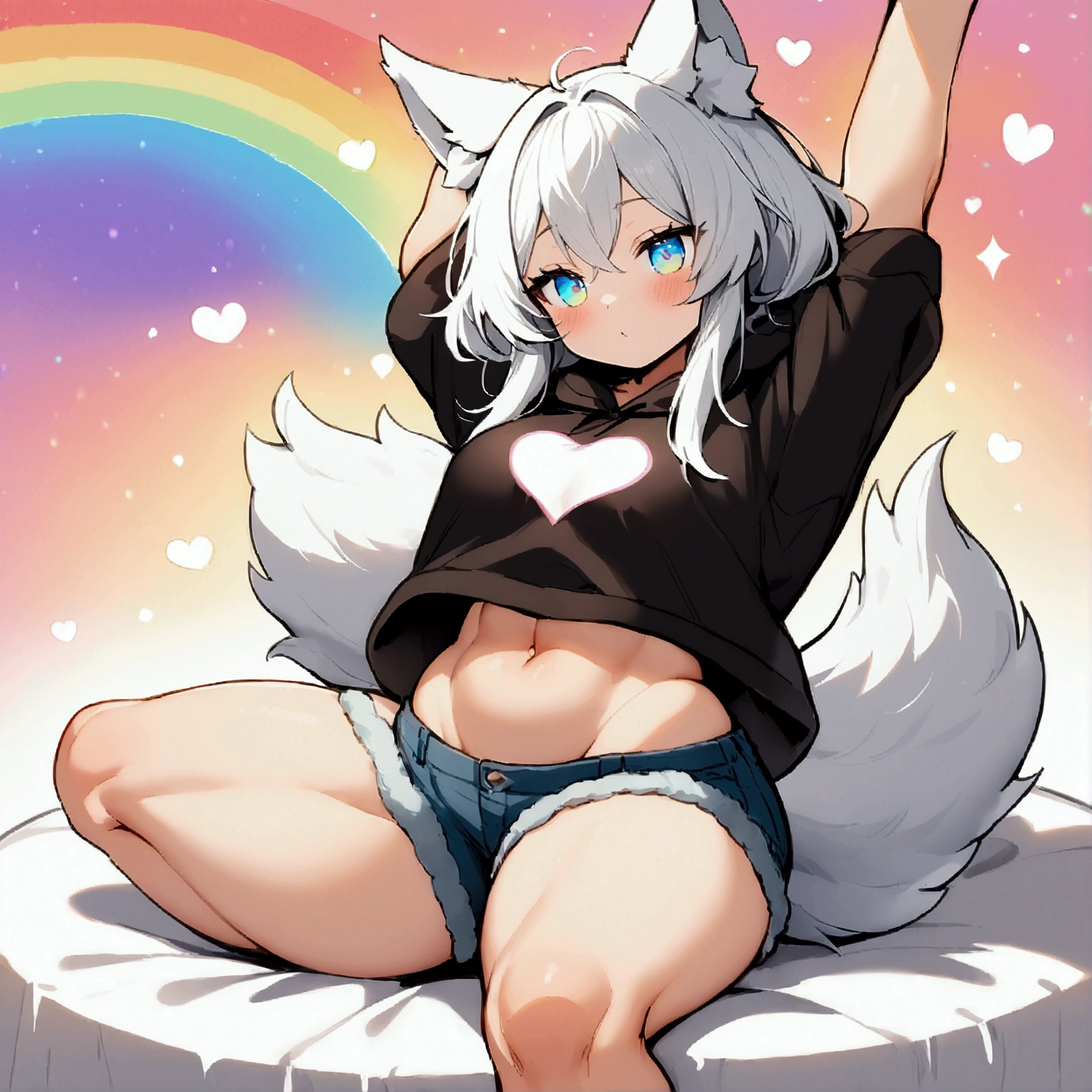 a cute adult male with wolf ears, long white hair, long locks, has a wolf tail, wearing a loose cropped black hoodie, wearing a pair of denim short shorts and fishnet stockings, thick thighs, wide hips, relaxing on mound of fluffy multi colored plushies, short, very slim, showing slender tummy, heart on hoodie, squishy thighs, has glowing blue eyes. alone, solo (ALONE)(SOLO), surrounded by rainbows, colorful galaxy backround, stretching, giggling
