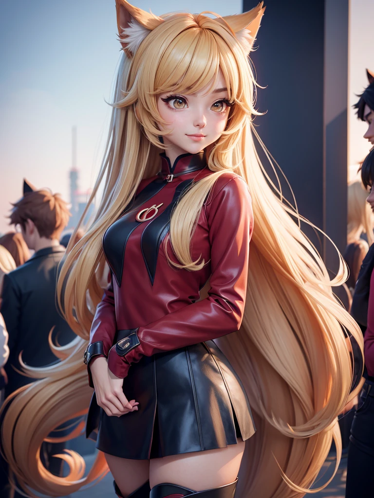 a woman in a long red shirt and thigh high boots standing in front of a crowd, asymetrical outfit, beautiful anime catgirl, anime girl with long hair, anime girl, an anime girl, (anime girl), cute anime catgirl, anime catgirl, beautiful anime girl, holo if a wolf girl, holo is a wolf girl, cute anime girl, blonde anime girl with long hair