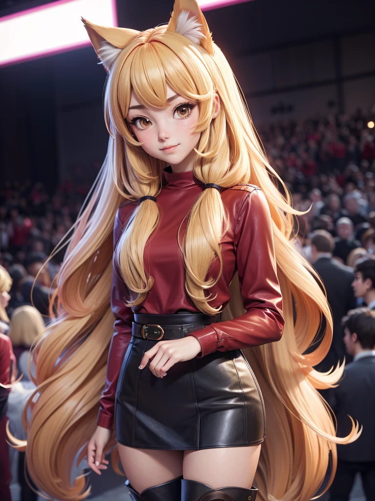 a woman in a long red shirt and thigh high boots standing in front of a crowd, asymetrical outfit, beautiful anime catgirl, anime girl with long hair, anime girl, an anime girl, (anime girl), cute anime catgirl, anime catgirl, beautiful anime girl, holo if a wolf girl, holo is a wolf girl, cute anime girl, blonde anime girl with long hair