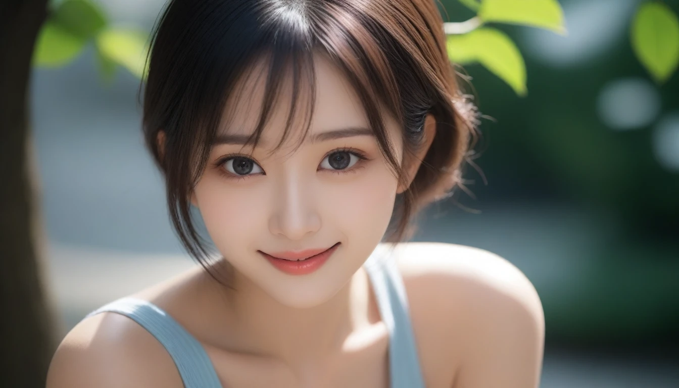 8k, Ultra-high resolution, Highest quality, masterpiece, 三分割法によるphotograph,Surreal, photograph, 1 Girl, (:1.3), pretty girl, Cute Face, Beautiful eyes in every detail, 細かくdetailedに,masterpiece,One Girl:1.2, Japan Female Announcer,extream close up,smile,Black Hair,Messy hair,street tree,Urban area,Young Wife,healthy,Summer knitwear,Décolletage,Natural Makeup,Beautiful clavicle,Realistic Skin, Perfect and beautiful face ,完璧でCute Face, Skin with attention to detail, Perfect limbs、Narrow waist、Thin legs),Looking at the audience、beauty,Long neck、(((Ideal body type))),A cup small breasts :2,Portraiture:2,Perfect Anatomy,鮮明なdetailed,detailed,Surreal,Light and shadow,dappled sunlight