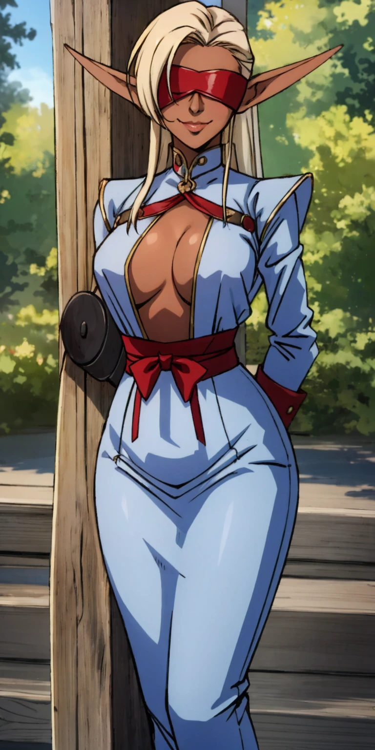 Appearance:
Race: Female Dark Elf
Skin: Dark
Eyes: Blindfolded
Expression: Smiling
Mouth: Closed
Body Type: Maternal
Chest: Large, covered with clothing
Pose:
Standing by a wooden pole, looking down at the viewer