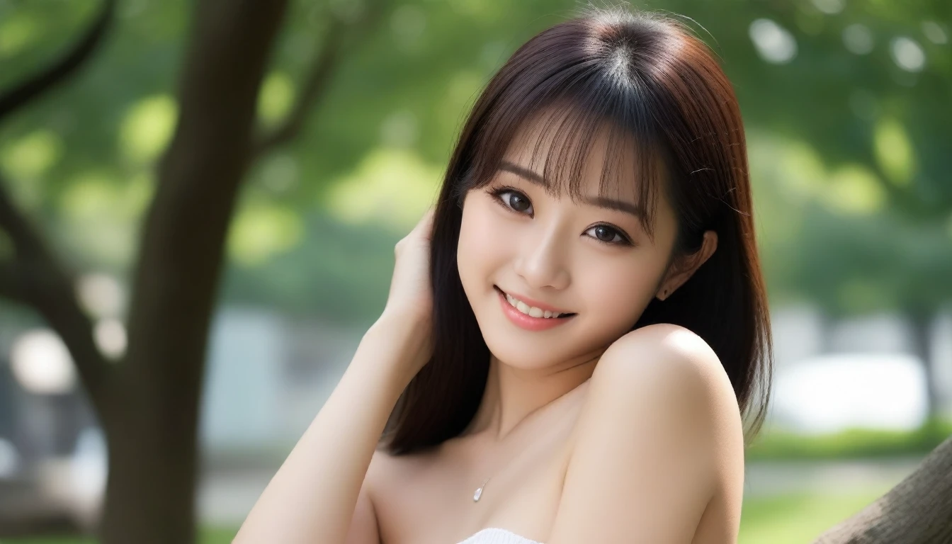 8k, Ultra-high resolution, Highest quality, masterpiece, 三分割法によるphotograph,Surreal, photograph, 1 Girl, (:1.3), pretty girl, Cute Face, Beautiful eyes in every detail, 細かくdetailedに,masterpiece,One Girl:1.2, Japan Female Announcer,extream close up,smile,Black Hair,Messy hair,street tree,Urban area,Young Wife,healthy,Summer knitwear,Décolletage,Natural Makeup,Beautiful clavicle,Realistic Skin, Perfect and beautiful face ,完璧でCute Face, Skin with attention to detail, Perfect limbs、Narrow waist、Thin legs),Looking at the audience、beauty,Long neck、(((Ideal body type))),A cup small breasts :2,Portraiture:2,Perfect Anatomy,鮮明なdetailed,detailed,Surreal,Light and shadow,dappled sunlight