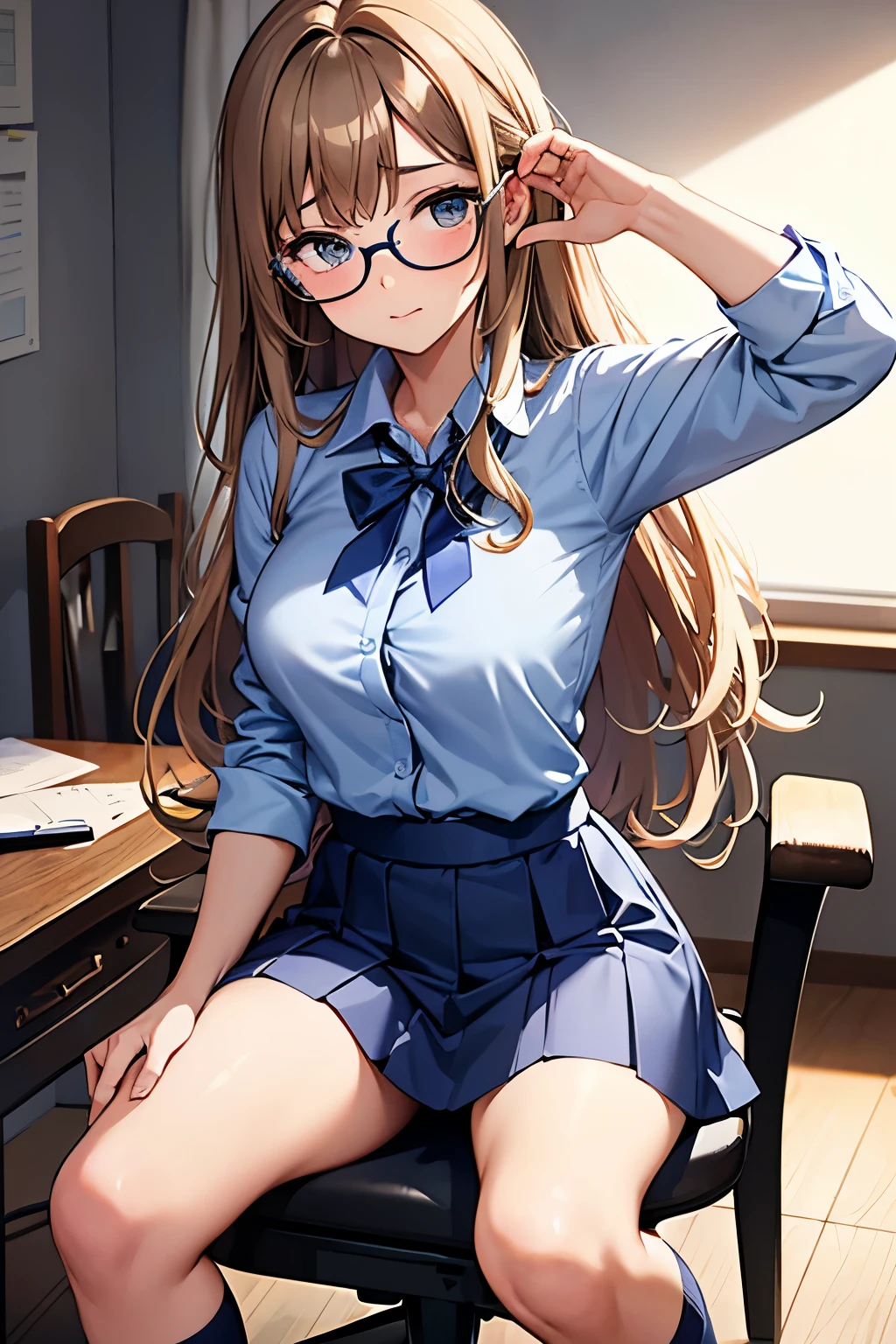 Wemale. Long curly dark blonde hair. Wearing glasses. D-cup size. Wearing blue skirt. Wearing blue bra. Wearing white button shirt. Wearing blue ribbon. Wearing blue striped knee socks. Blushing. Office. Echhi. Lays down on a chair. Feet in the air. Hands on the floor