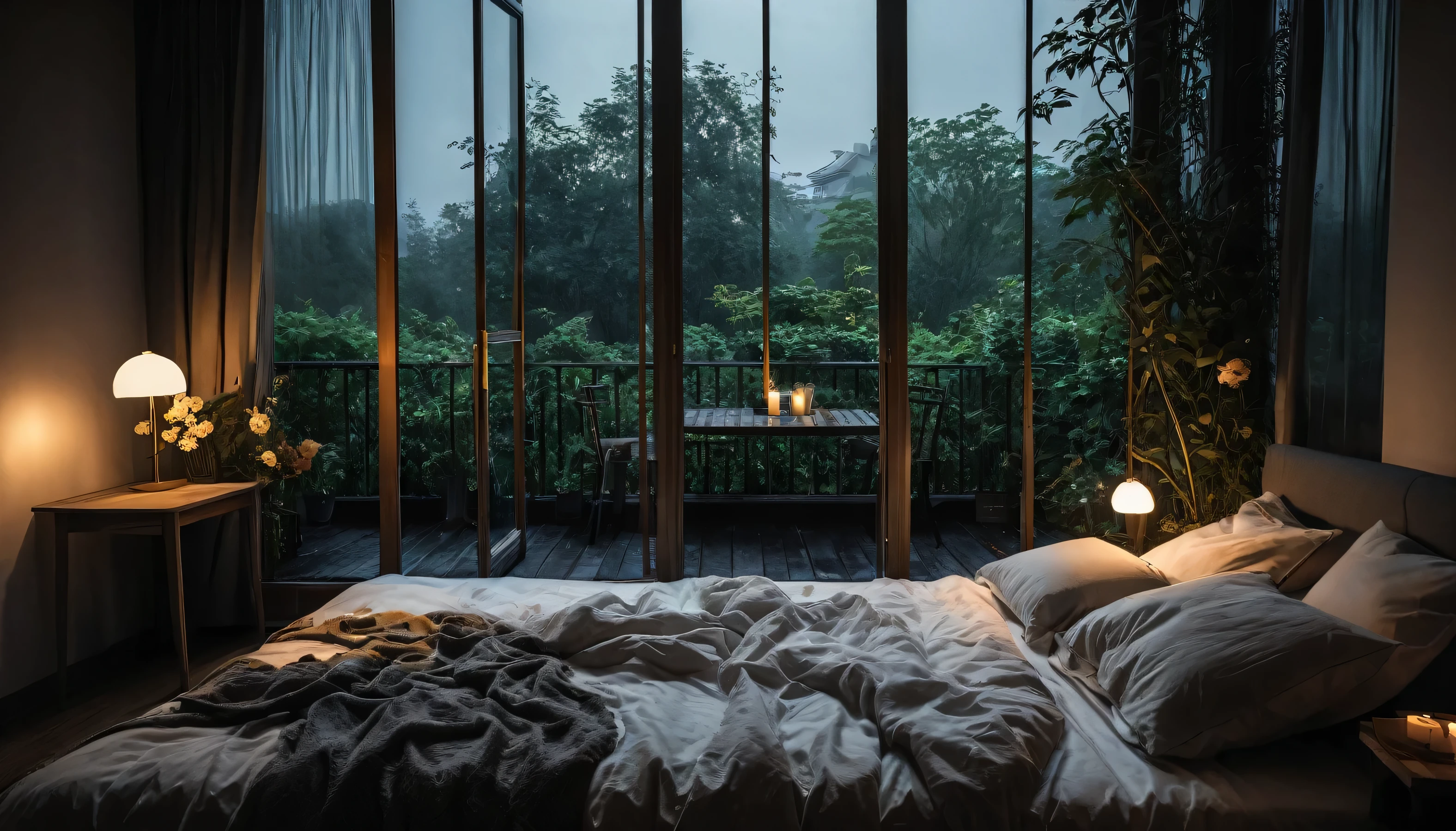 The picture shows a cozy gloomy bedroom, with a large window offering a view of a beautiful, dimly lit garden AND a garden soaked in FLOWERS, the cobblestones of the Japanese house concept. CINEMATIC, JAPANESE HOUSE, the shape of a Japanese house, and lots of flower gardens in the garden. The bed was unmade with rumpled sheets, indicating only a light sleep. the room is dark, gloomy, looks dim, gloomy. Beside the bed there is a small table with a classic lamp that radiates warm light into the room. Outside the window you can see the lush greenery of the terrace or balcony area, the rain is falling, the lamp on the left provides warm lighting, creating a calm and peaceful atmosphere. with fog obscuring part of the view in the distance. The contrast between the warmth indoors and the rain outdoors creates an inviting and calming atmosphere