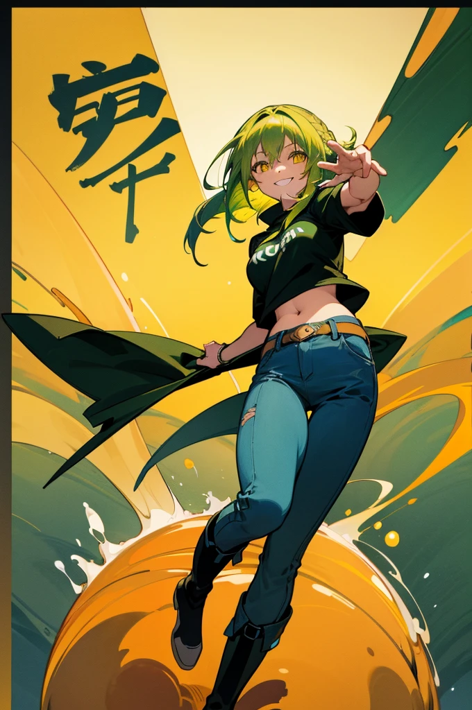 (8K Ultra High-Quality) (Masterpieces) (image) (figure: rimuru) 1 Girl, Yellow eyes colors, (((green hair))), wearing t-shirt, wearing Jean, wearing boots, background in farm, smile looking at viewer, bog breasts