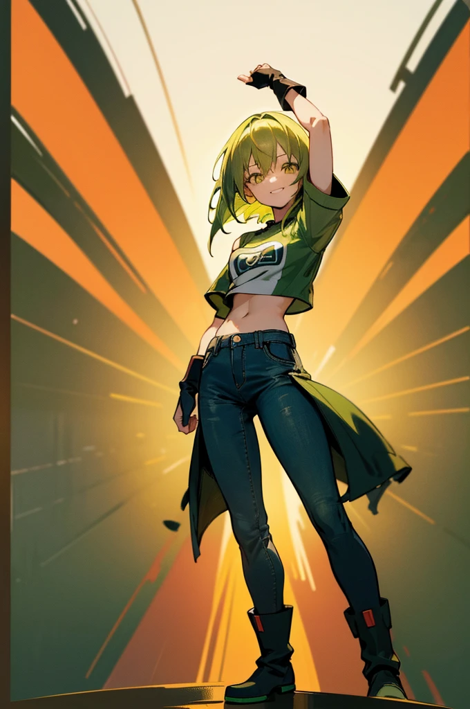 (8K Ultra High-Quality) (Masterpieces) (image) (figure: rimuru) 1 Girl, Yellow eyes colors, (((green hair))), wearing t-shirt, wearing Jean, wearing boots, background in farm, smile looking at viewer, bog breasts