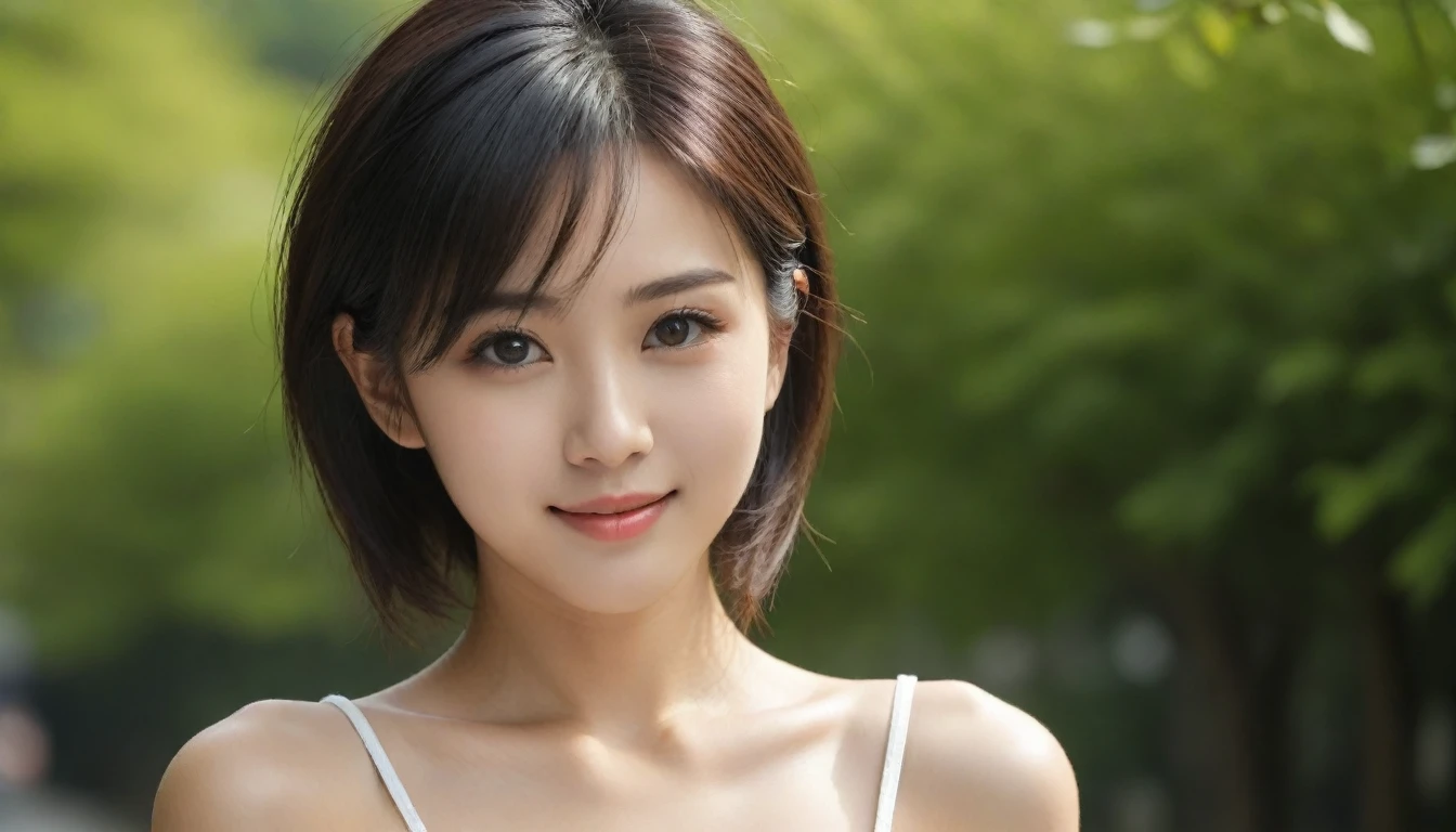8k, Ultra-high resolution, Highest quality, masterpiece, 三分割法によるphotograph,Surreal, photograph, 1 Girl, (16 years old:1.3), pretty girl, Cute Face, Beautiful eyes in every detail, 細かくdetailedに,masterpiece,One Girl:1.2, Japan Female Announcer,extream close up,smile,Black Hair,Messy hair,street tree,Urban area,Young Wife,healthy,Summer knitwear,Décolletage,Natural Makeup,Beautiful clavicle,Realistic Skin, Perfect and beautiful face ,完璧でCute Face, Skin with attention to detail, Perfect limbs、Narrow waist、Thin legs),Looking at the audience、beauty,Long neck、(((Ideal body type))),A cup small breasts :2,Portraiture:2,Perfect Anatomy,鮮明なdetailed,detailed,Surreal,Light and shadow,dappled sunlight