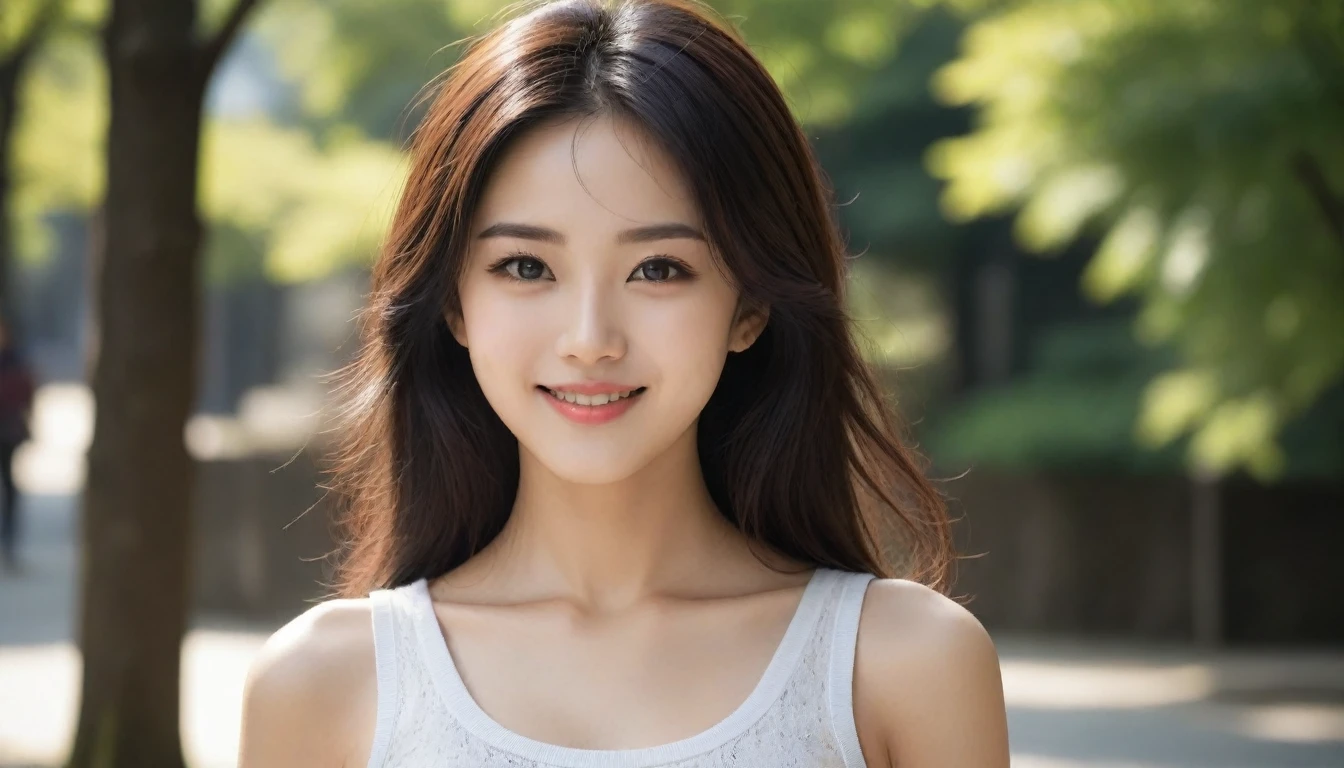 8k, Ultra-high resolution, Highest quality, masterpiece, 三分割法によるphotograph,Surreal, photograph, 1 Girl, (16 years old:1.3), pretty girl, Cute Face, Beautiful eyes in every detail, 細かくdetailedに,masterpiece,One Girl:1.2, Japan Female Announcer,extream close up,smile,Black Hair,Messy hair,street tree,Urban area,Young Wife,healthy,Summer knitwear,Décolletage,Natural Makeup,Beautiful clavicle,Realistic Skin, Perfect and beautiful face ,完璧でCute Face, Skin with attention to detail, Perfect limbs、Narrow waist、Thin legs),Looking at the audience、beauty,Long neck、(((Ideal body type))),A cup small breasts :2,Portraiture:2,Perfect Anatomy,鮮明なdetailed,detailed,Surreal,Light and shadow,dappled sunlight