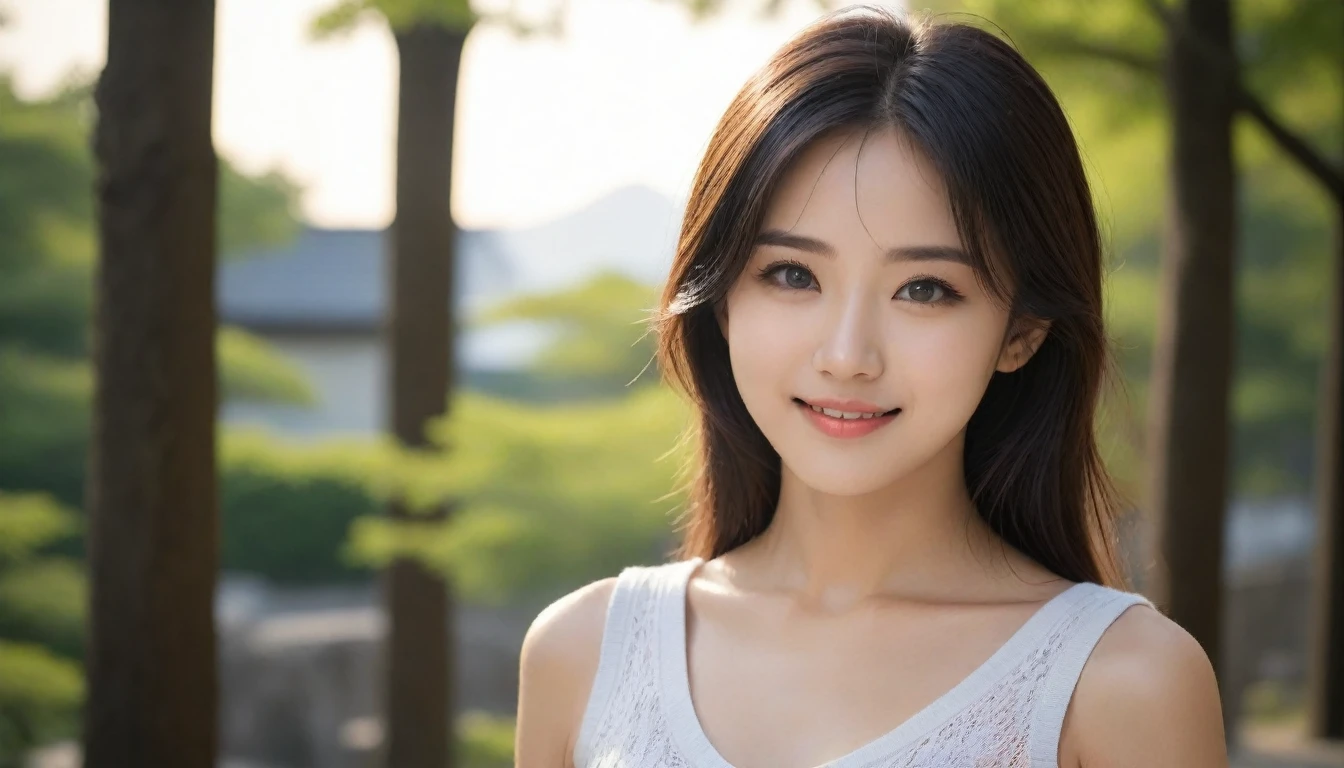 8k, Ultra-high resolution, Highest quality, masterpiece, 三分割法によるphotograph,Surreal, photograph, 1 Girl, (16 years old:1.3), pretty girl, Cute Face, Beautiful eyes in every detail, 細かくdetailedに,masterpiece,One Girl:1.2, Japan Female Announcer,extream close up,smile,Black Hair,Messy hair,street tree,Urban area,Young Wife,healthy,Summer knitwear,Décolletage,Natural Makeup,Beautiful clavicle,Realistic Skin, Perfect and beautiful face ,完璧でCute Face, Skin with attention to detail, Perfect limbs、Narrow waist、Thin legs),Looking at the audience、beauty,Long neck、(((Ideal body type))),A cup small breasts :2,Portraiture:2,Perfect Anatomy,鮮明なdetailed,detailed,Surreal,Light and shadow,dappled sunlight