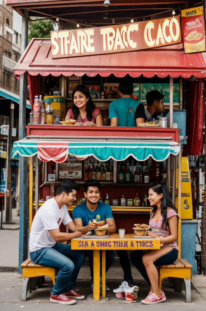 A young couple eating tacos in front of a stand, which is in the foreground, as if one were looking at it from the front. They are both sitting on benches eating at the bar of the street stall., They both look at each other with a smile.