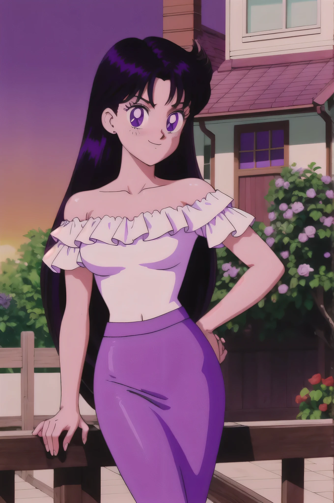 (retro anime girl:1.2), (masterpiece:1.2), (best quality), (ultra detailed), (8k,4k), (half body:1.2), (cowboy:1.2), (close up:1.2), (highly detailed:1.2), (White Ruffle Off-the-shoulder top:1.4), (purple skin tight pencil skirt:1.4), Rei Hino, 1 girl, solo, Best quality, masterpiece, High Definition, Teenager, Purple Eyes, Beautiful Detail Eyes, Black Hair, Long Hair, Good hands at sides, Seductive Smile, Blushing, Bare Neck, Bare Arms, Bare Shoulders, short sleeve, Strapless, White Ruffle Off-the-Shoulder Top, purple skin tight pencil skirt, standing at the railing in her garden, looking at viewers, garden, sunset skies, rose bushes, outdoor gazebo