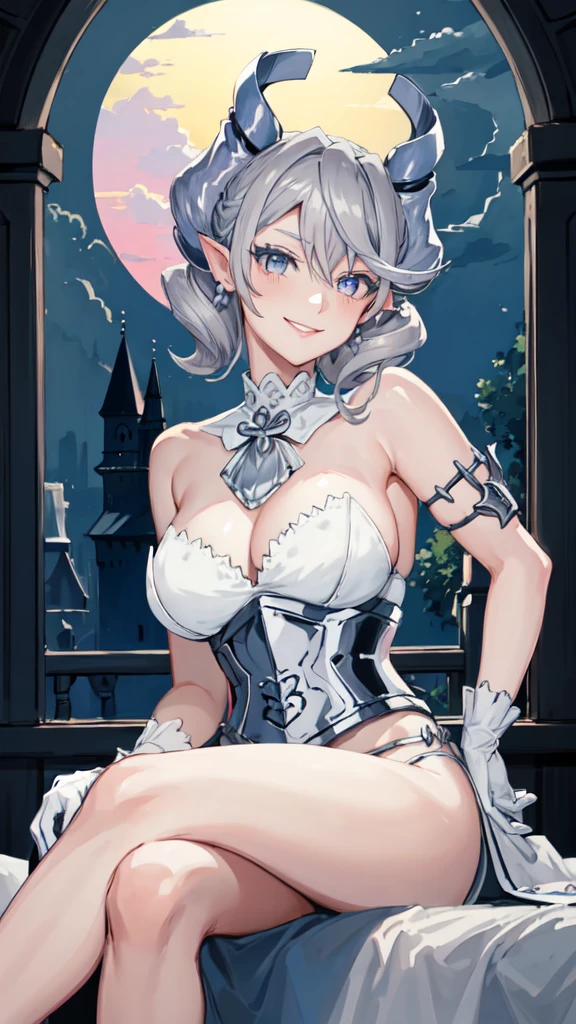 Beautiful arts wallpaper Sunset Outside castle top  High level image quality　best image quality　8K　 adult woman   silver castle outside  more colors   whole body view　portrait　 bikini blue   　horn    ears  　short hair（（shortcut）（gray hair）（perm）（fluffy））　eye color is blue ,  , 　attractive evil face , smile   ,  heroic stance   ,  labrynth ,  barearm  ,gloves   , wearing pink   , sitting , 