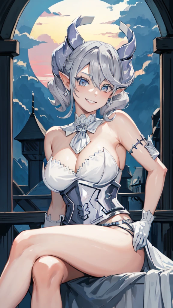 Beautiful arts wallpaper Sunset Outside castle top High level image quality best image quality 8K adult woman silver castle outside more colors whole body view portrait bikini blue horn ears short hair((shortcut)(gray hair)(perm)(fluffy)) eye color is blue , , attractive evil face , smile , heroic stance , labrynth , barearm ,gloves , wearing pink , sitting ,