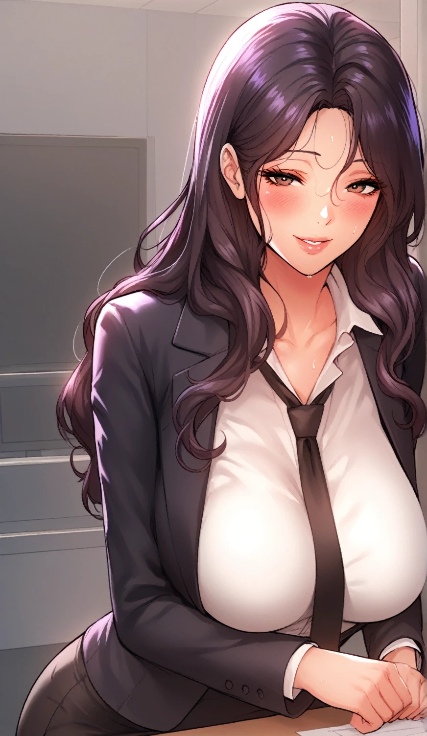 score_9, score_8_up, score_7_up, score_6_up, score_5_up, score_4_up, yu hee, brown eyes, black hair, long hair, large breasts, mature woman,  1girl, long_hair,  blush, sweat, purple_eyes, brown_hair, lips, purple_hair, smile, solo, shirt, skirt, pencil skirt, white shirt, office lady, office suit, office, indoors, Suit, Tie, blazer, Secretary 