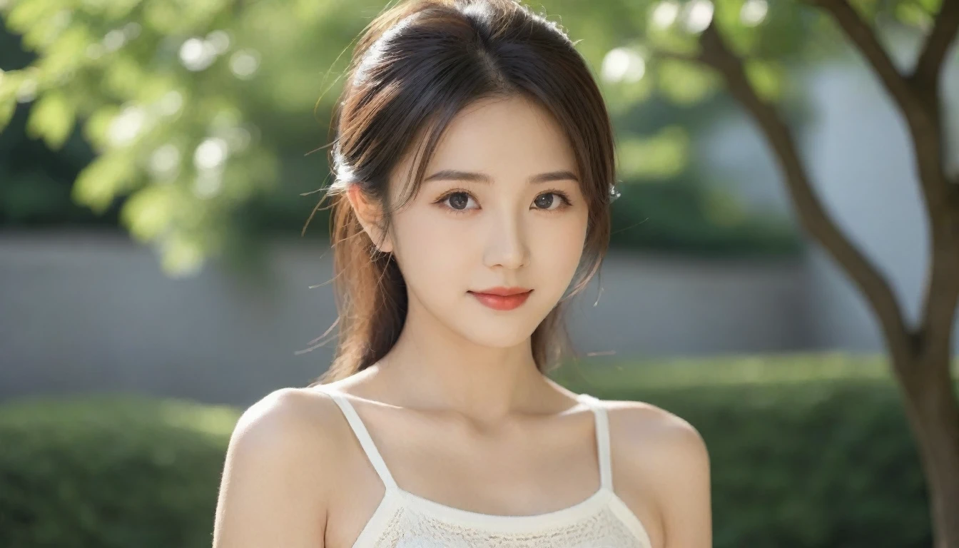 8k, Ultra-high resolution, Highest quality, masterpiece, 三分割法によるphotograph,Surreal, photograph, 1 Girl, (:1.3), pretty girl, Cute Face, Beautiful eyes in every detail, 細かくdetailedに,masterpiece,One Girl:1.2, Japan Female Announcer,extream close up,smile,Black Hair,Messy hair,street tree,Urban area,Young Wife,healthy,Summer knitwear,Décolletage,Natural Makeup,Beautiful clavicle,Realistic Skin, Perfect and beautiful face ,完璧でCute Face, Skin with attention to detail, Perfect limbs、Narrow waist、Thin legs),Looking at the audience、beauty,Long neck、(((Ideal body type))),A cup small breasts :2,Portraiture:2,Perfect Anatomy,鮮明なdetailed,detailed,Surreal,Light and shadow,dappled sunlight