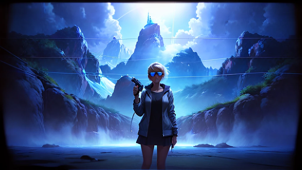 ​masterpiece, background with ((Fantastic Great Storm, lightning bolt, lightning, plural, very heavy rain)), Depth ((Planets that glow blue)). (((1girl, solo, alone))), large-breast:1.2 slim body, cleavage:1.1, sexy miniskirt, (((headphone, black sunglasses, standing and holding pistol pose))), (((half-body thigh level medium shot))), cinematic lighting, lens flare, ray tracing.
