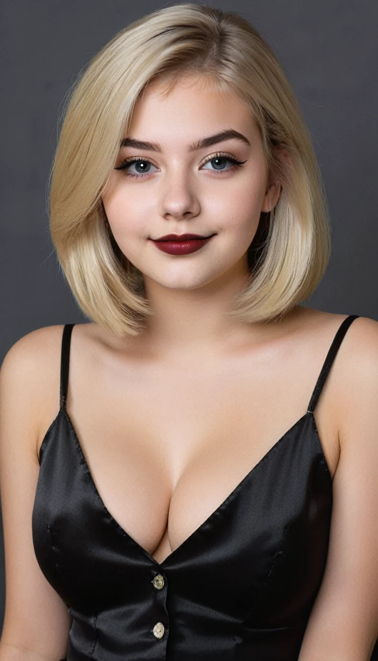 ultrarealistic high quality mugshot photo of a beautiful busty european 18-year-old girl with cute hyperdetailed shy happy face and shoulder length platin-blonde classic bob and long legs, realistic round eyes, black lipgloss, decent makeup with eyeliner, wearing black button-up satin blouse, cleavage, hourglass body, indoor office photography