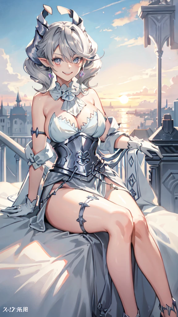 Beautiful arts wallpaper Sunset Outside castle top High level image quality best image quality 8K adult woman silver castle outside more colors whole body view portrait bikini blue horn ears short hair((shortcut)(gray hair)(perm)(fluffy)) eye color is blue , , attractive evil face , smile , heroic stance , labrynth , barearm ,gloves , wearing pink , sitting ,
